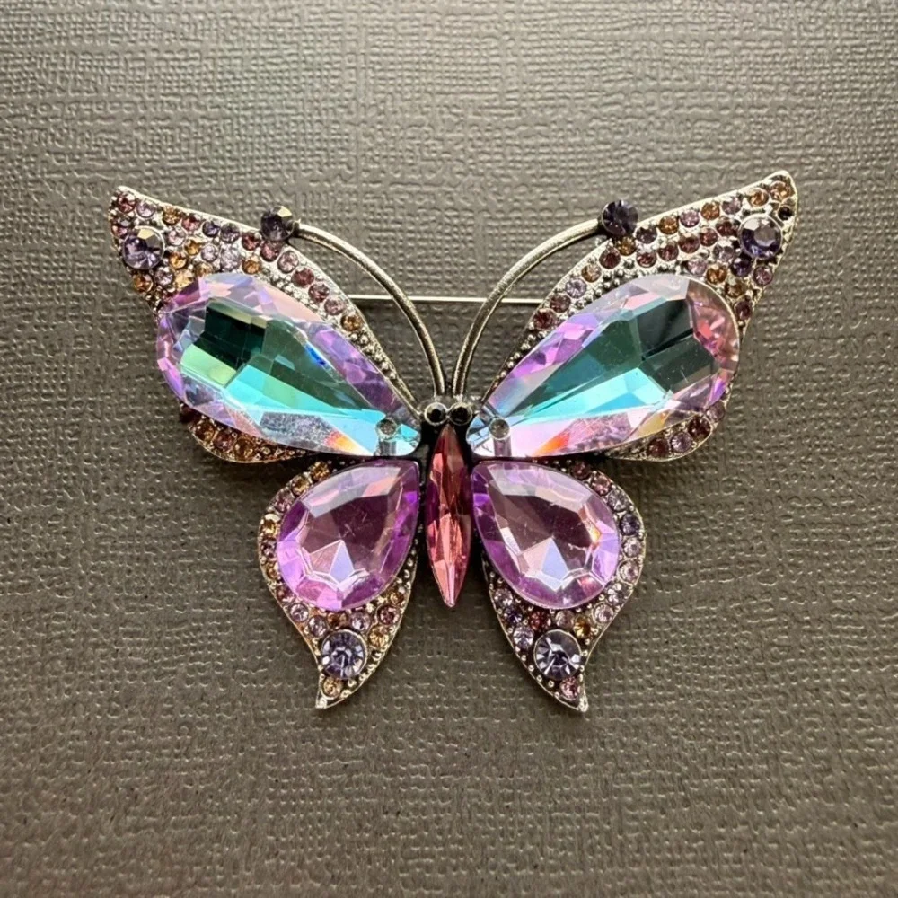 Pink Iridescent Rhinestone Butterfly Brooch Silver Tone Statement Jewelry Pin